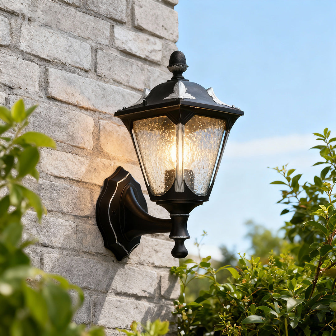 Vintage Outdoor Wall Lantern with Clear Glass Shade in Sand Black Aluminum