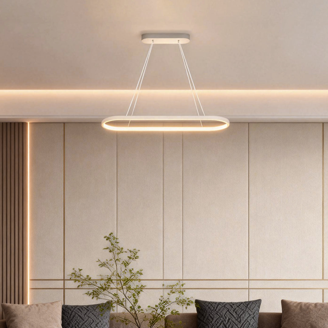 Modern Oval LED Linear Pendant Light in White Aluminum for Dining and Living Spaces