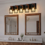 Black Metal Cage Vanity Light with Walnut Accents for Bathroom Mirror