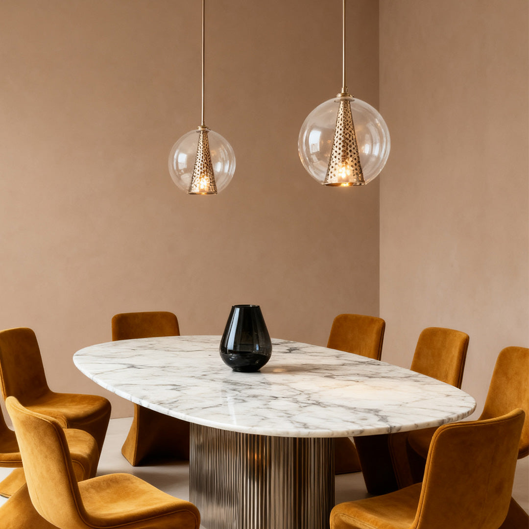 Brass Glass Ball Pendant Light with Perforated Metal Cone
