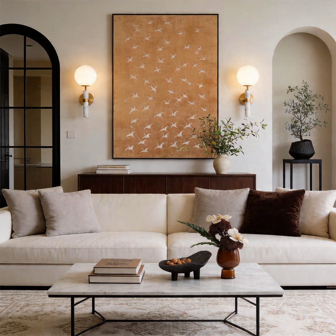 Modern Brass and Marble Wall Sconce with Opal Glass Shade
