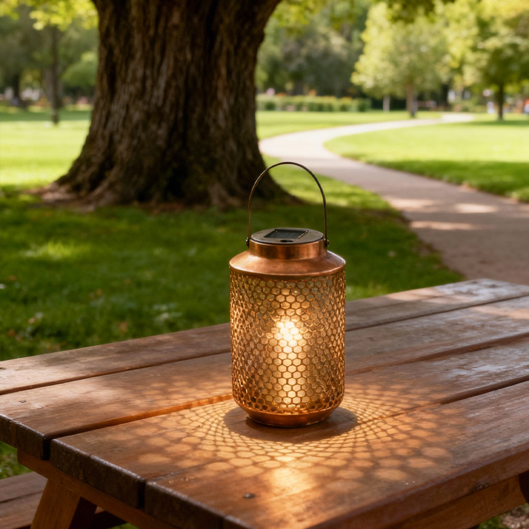 Vintage Solar Lantern with Bronze Iron Perforated Shade for Garden and Patio