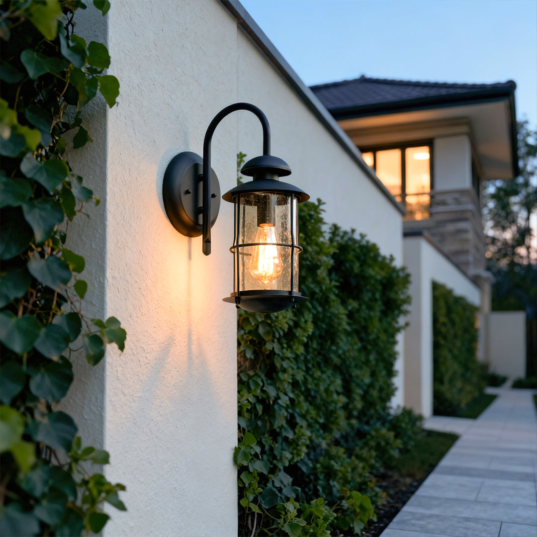 European Outdoor Wall Sconce with Clear Glass Shade in Black Aluminum