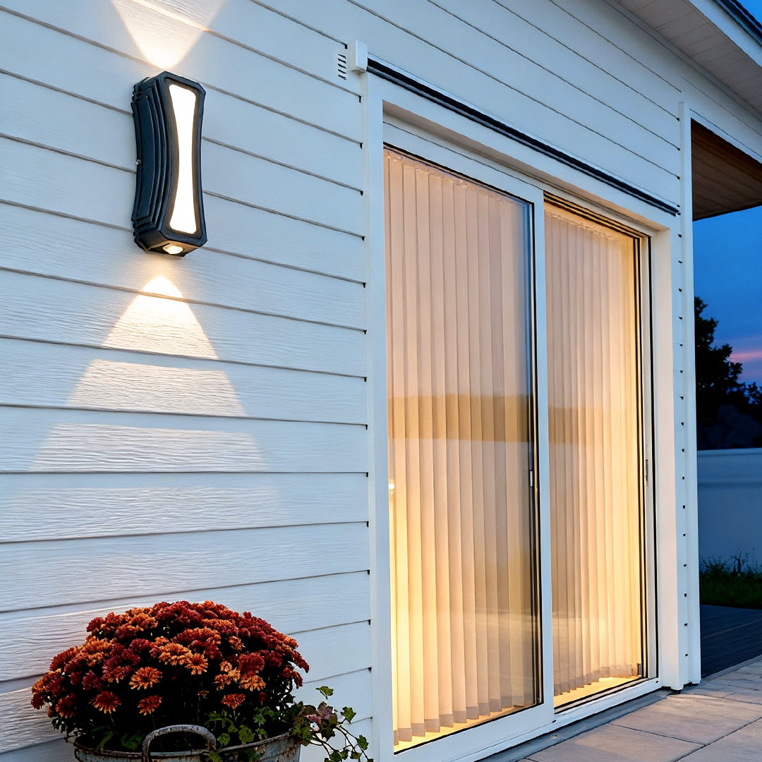 Geometric Black Outdoor Wall Sconce with Up Down LED Illumination