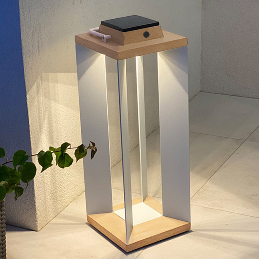 Modern Wooden Outdoor Lantern with Solar Charging and Warm LED Glow