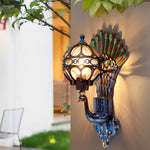 Artisan Outdoor Wall Sconce with Peacock Motif in Die-Cast Aluminum
