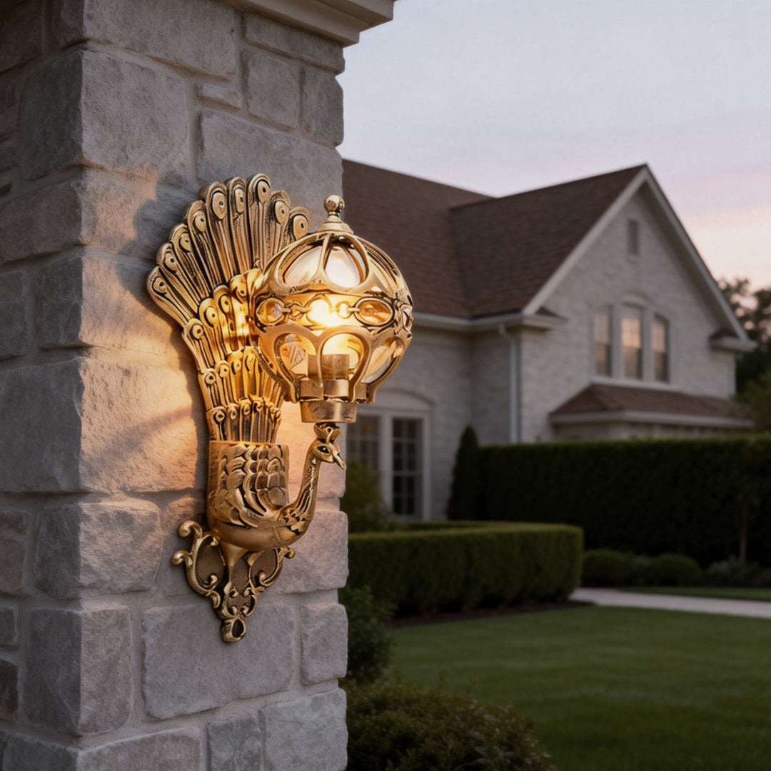 Peacock Wall Sconce — Vintage Aluminum Outdoor Lighting with Glass Shade