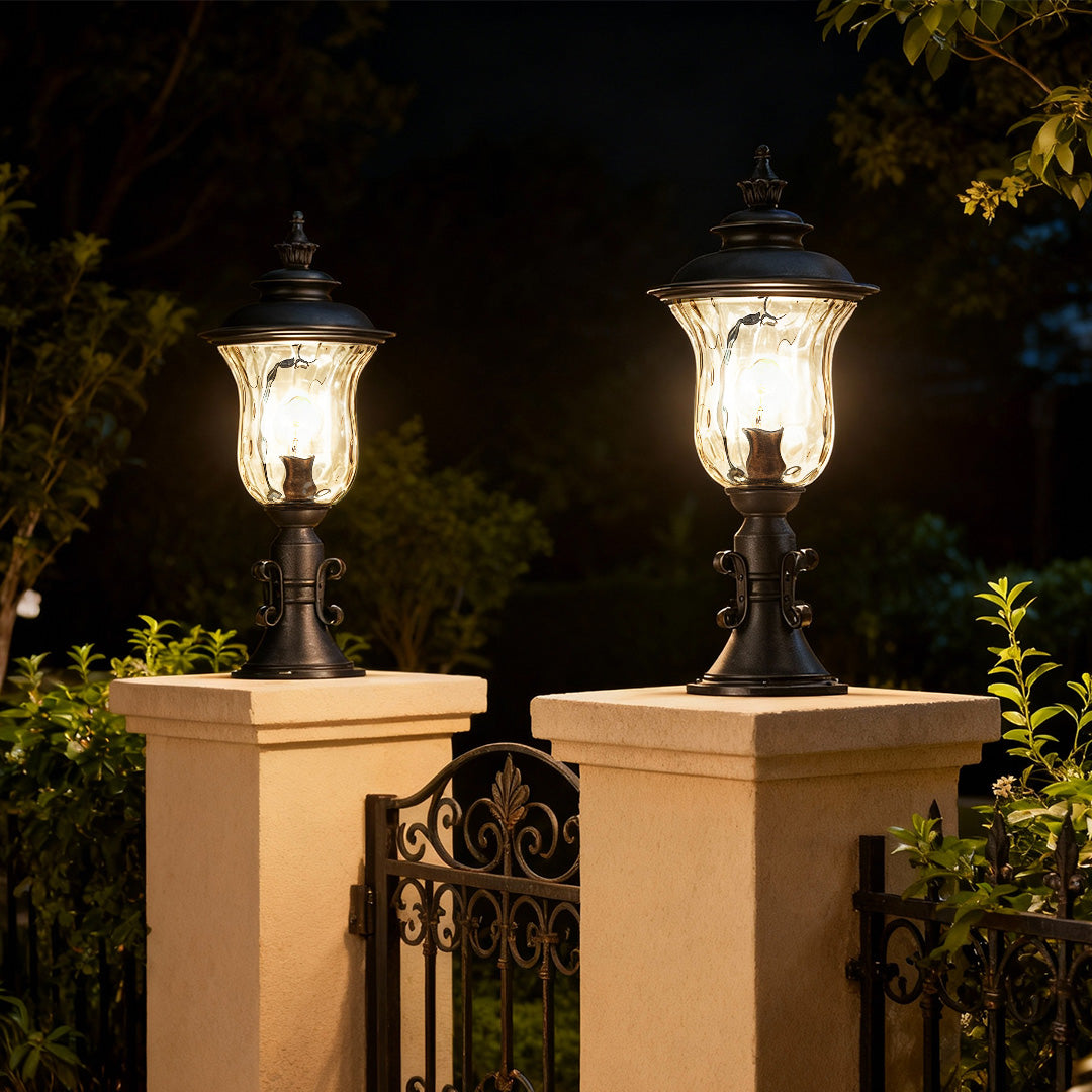 European Classic Outdoor Pillar Gate Light in Sand-Black Aluminum
