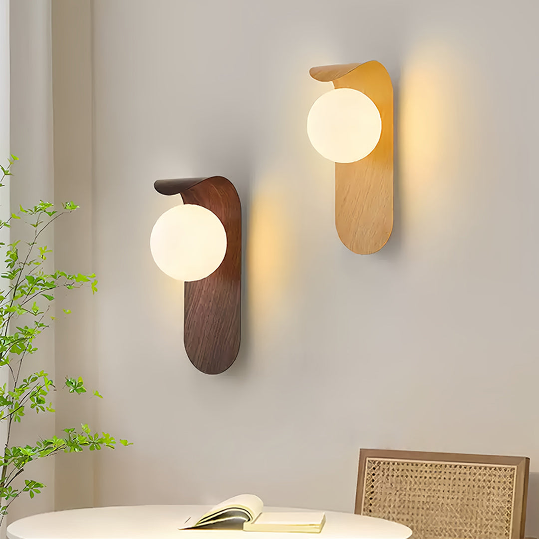 Mid-Century Wood Grain LED Wall Sconce with Spherical Shade
