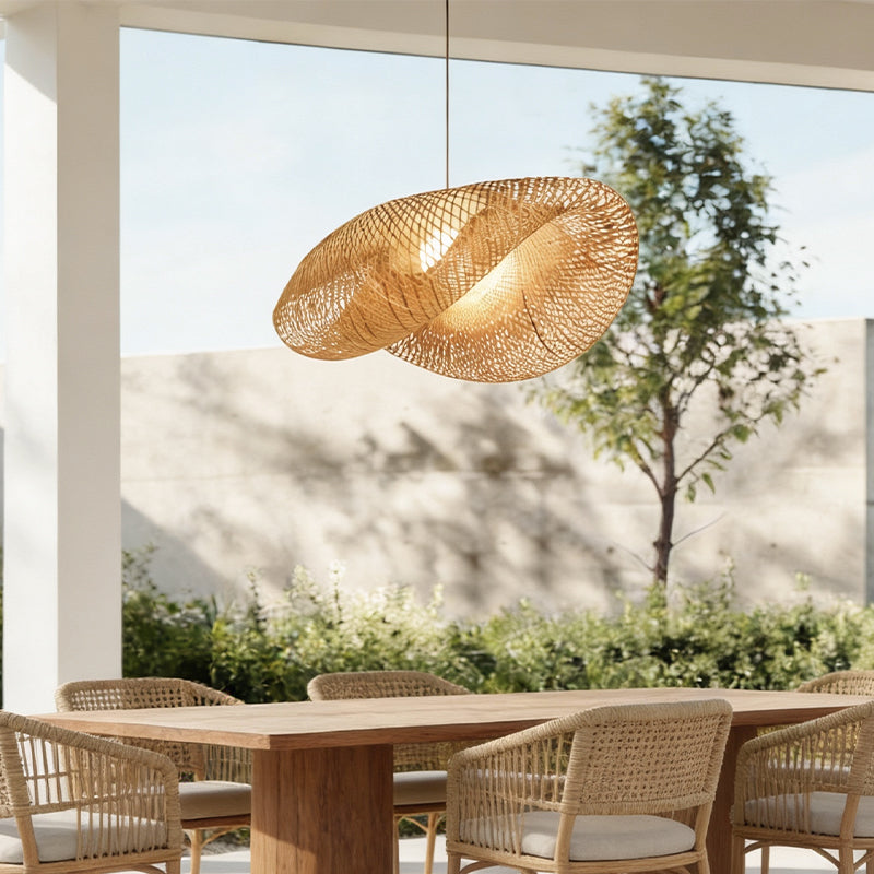 Rattan Wave Pendant Light – Handwoven Bamboo LED Ceiling Lamp