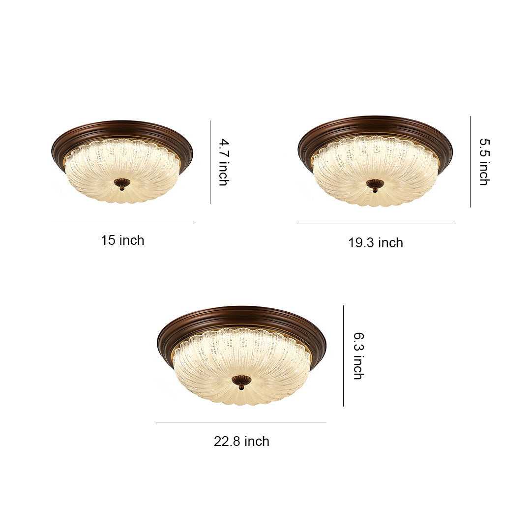 Walnut Wood Retro Dome Flush Mount Ceiling Light with Prismatic Glass Shade