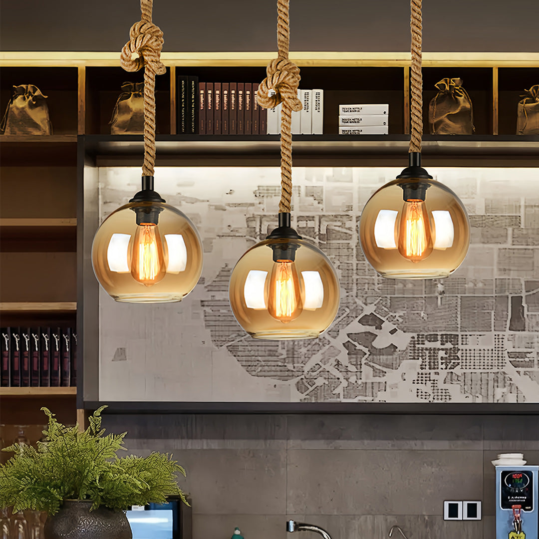 Artisan Glass Pendant Light with Natural Hemp Rope – Minimalist LED Ceiling Lamp