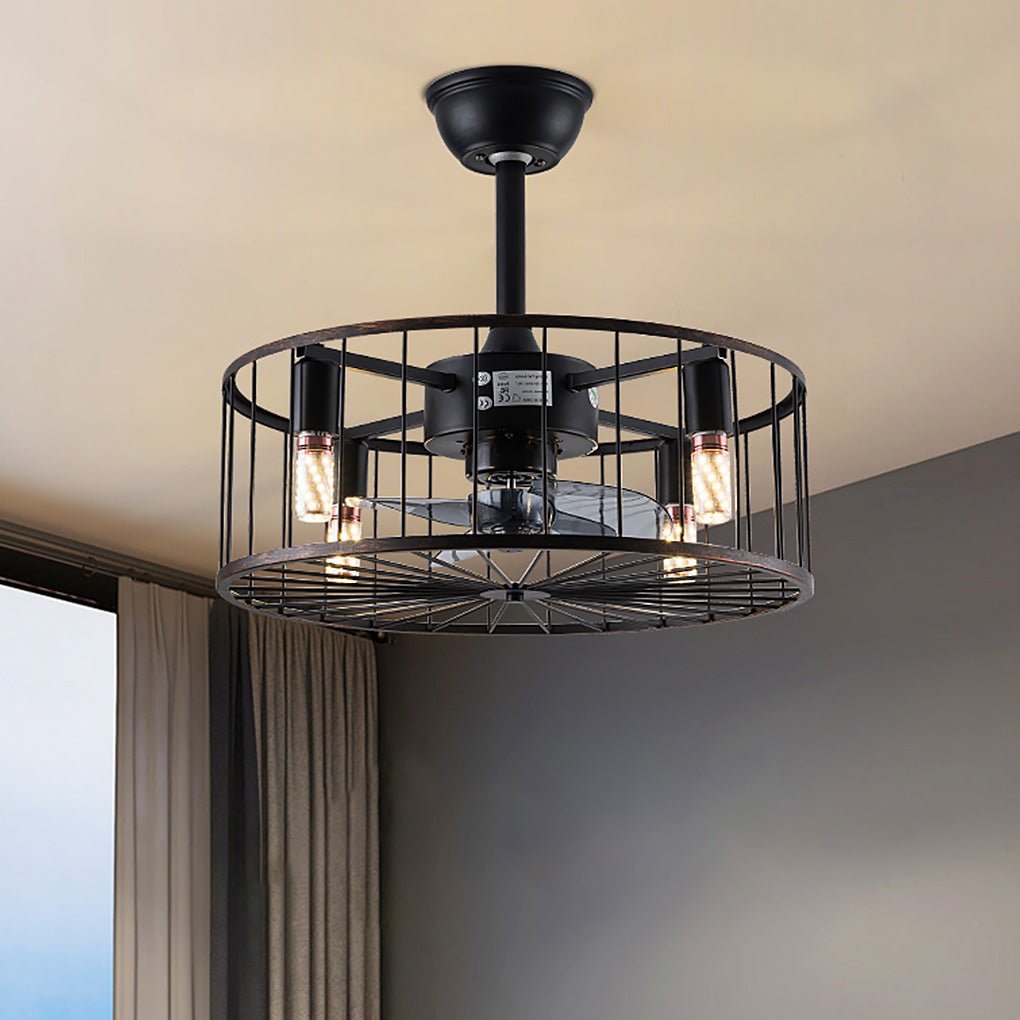 Retro Industrial Timing Three Speed Wind Regulation Mute Cage Ceiling Fan Lamp
