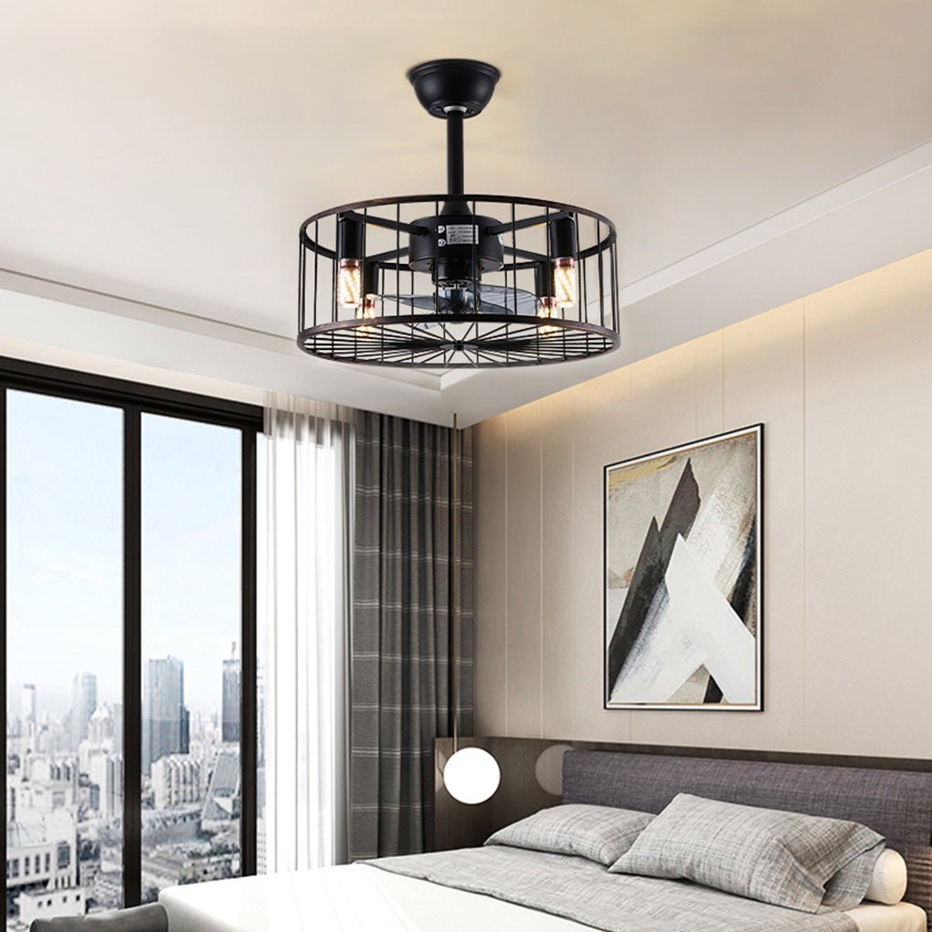 Retro Industrial Timing Three Speed Wind Regulation Mute Cage Ceiling Fan Lamp