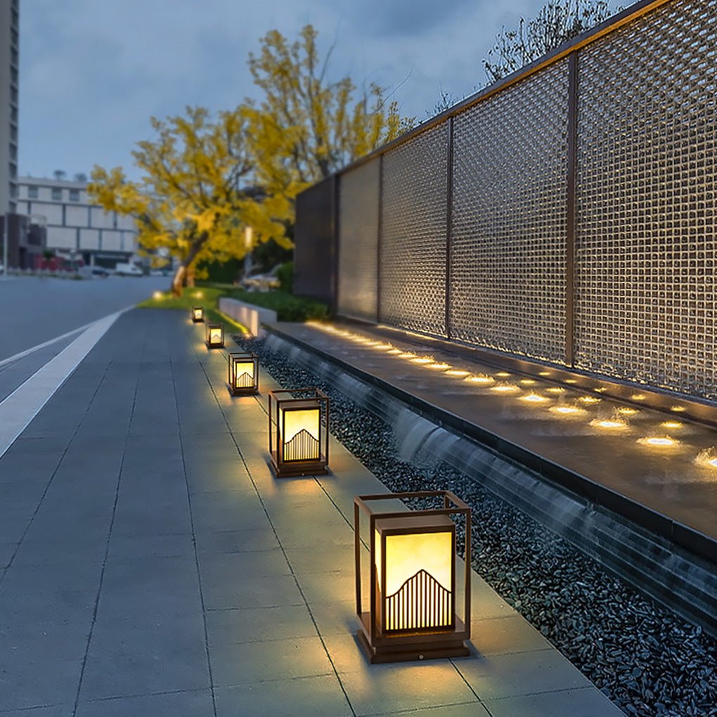 Outdoor Garden Light with Mountain Scene Shade in Stainless Steel