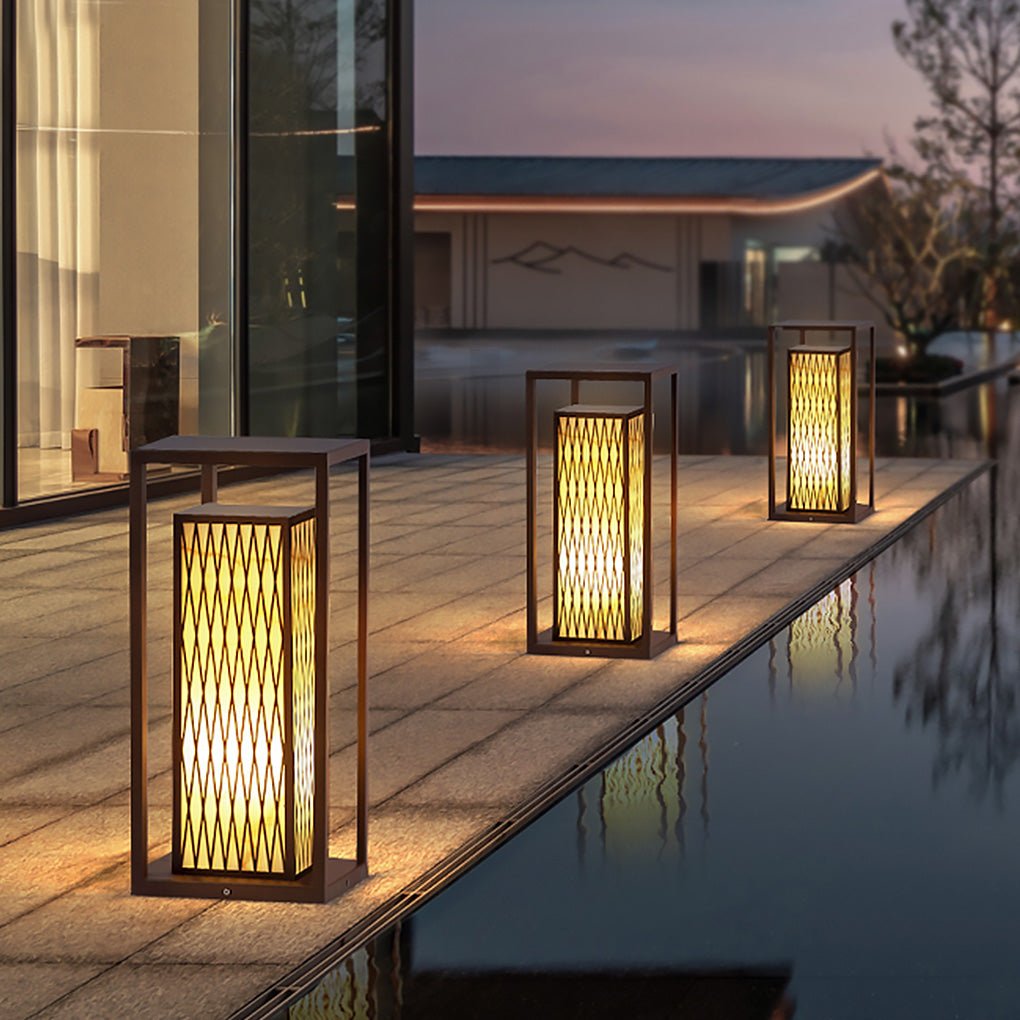 Classic Asian Courtyard Rectangular LED Outdoor Wall Light in Brown