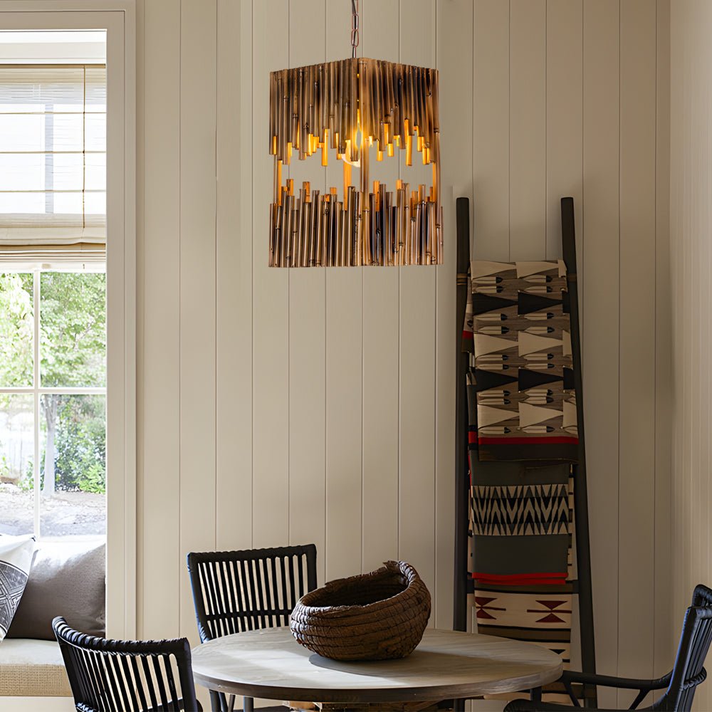Artisan Bamboo Cuboid Pendant Light – Retro LED Suspension Lamp