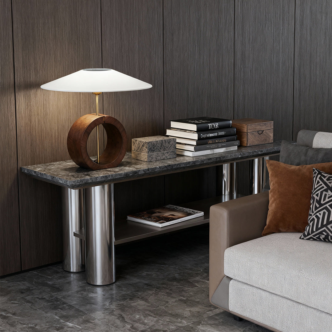 Nordic Walnut Wood Table Lamp with Beige Fabric Shade