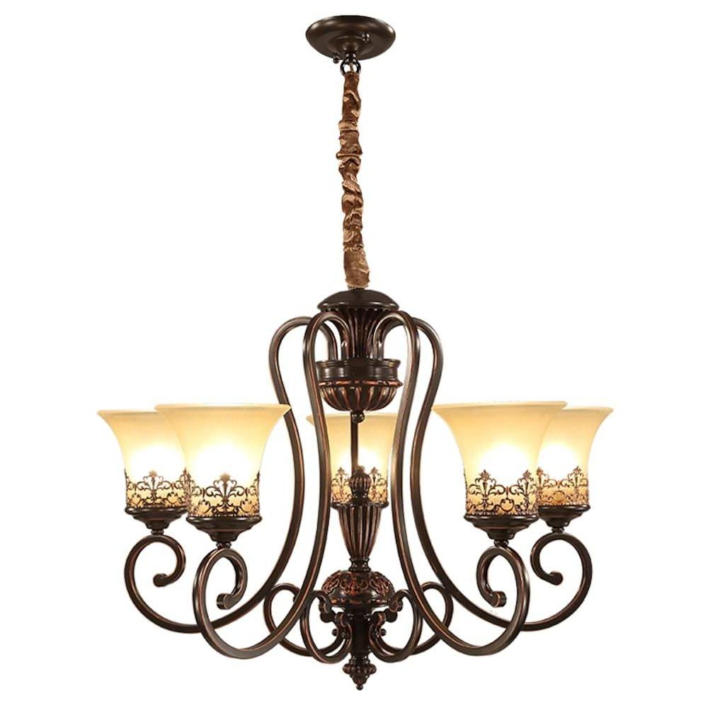 5 Light Bending Metal Bar Upside Down Glass Shade Vintage Chandelier Ceiling Light