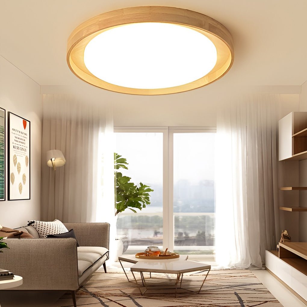 Round Dimmable Led Wooden Nordic Ceiling Lights Fixture Flush Mount Ceiling Lamp