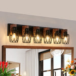 Black Metal Cage Vanity Light with Walnut Accents for Bathroom Mirror