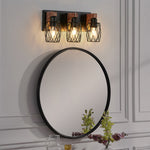 Black Metal Cage Vanity Light with Walnut Accents for Bathroom Mirror