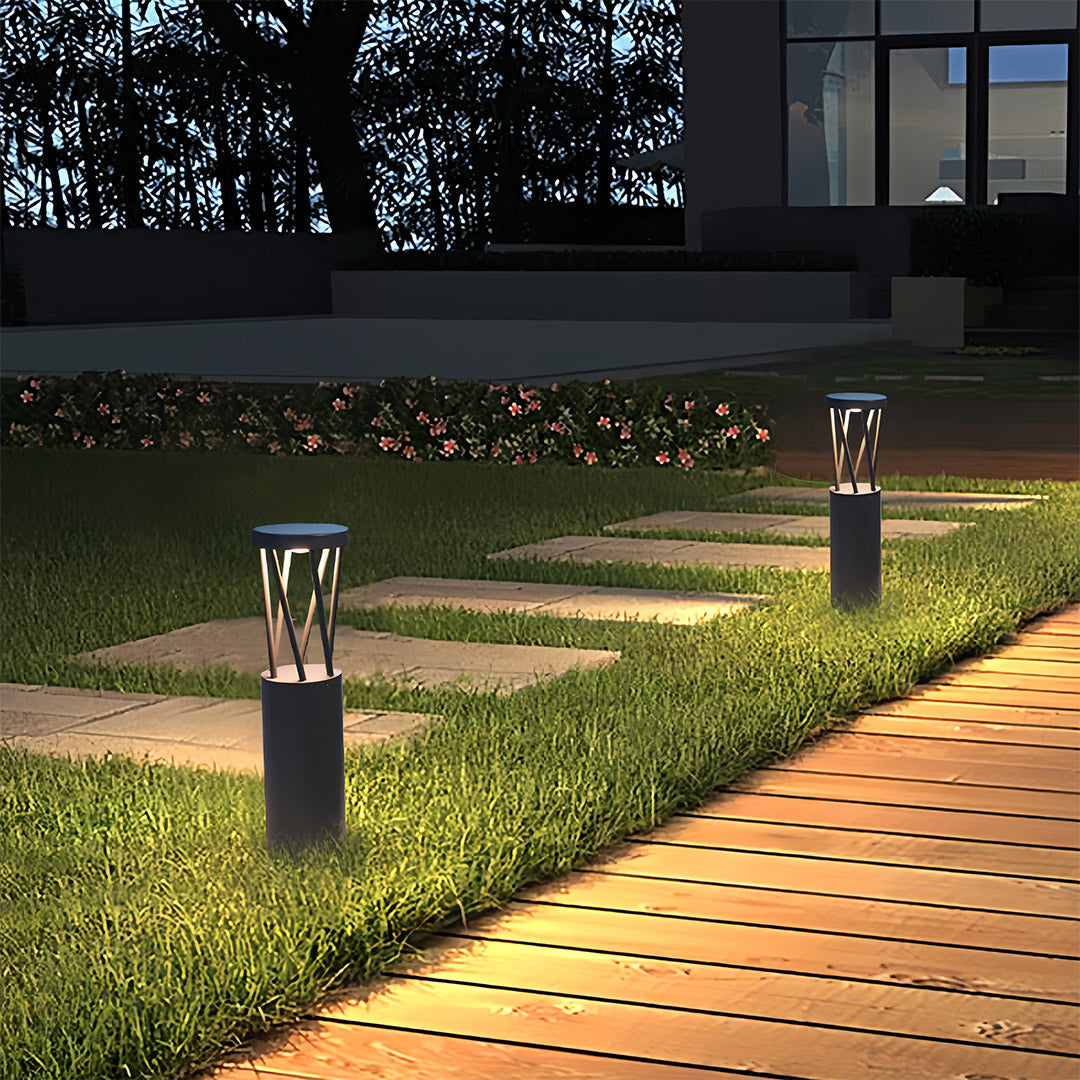 Outdoor Bollard Path Lights in Sand-Black Aluminum with Warm LED Glow