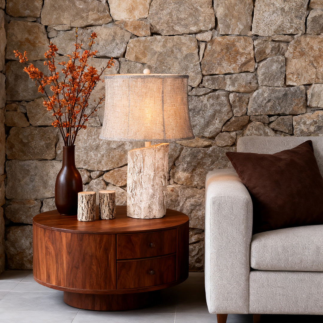 White Wood Table Lamp with Realistic Bark Fabric Shade