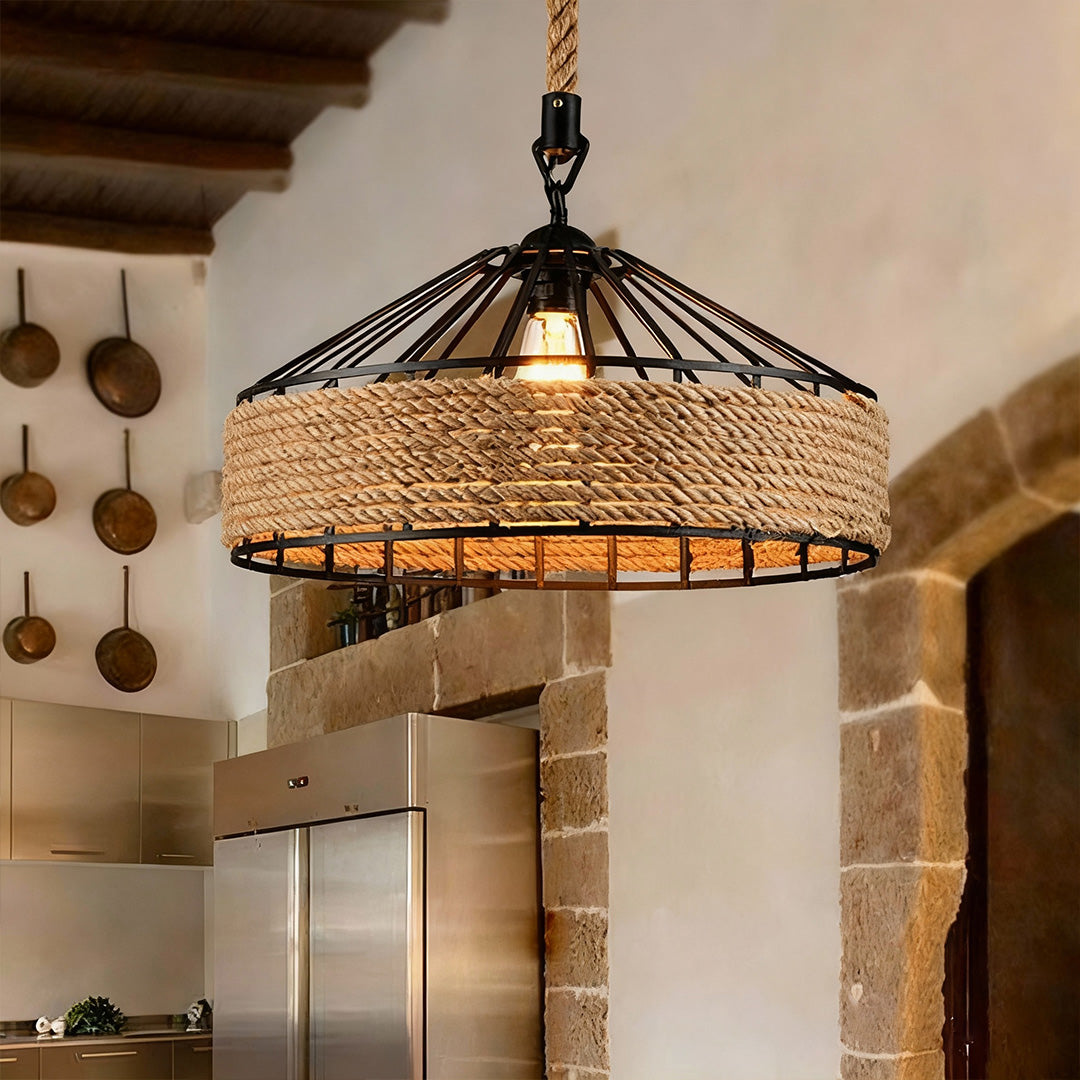 Halo Pendant Light in Black Iron and Natural Hemp Rope