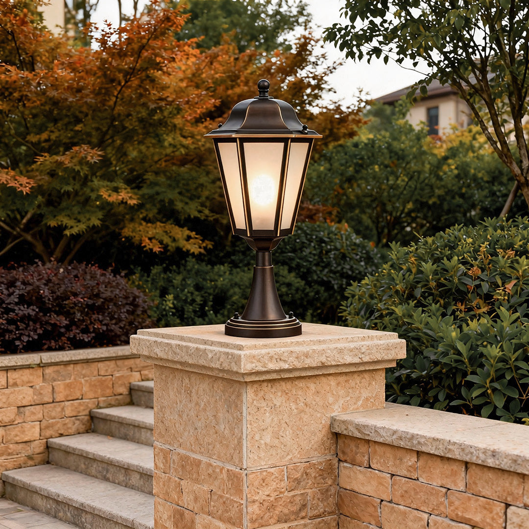 Hexagonal Copper Outdoor Pillar Light with Glass Shade