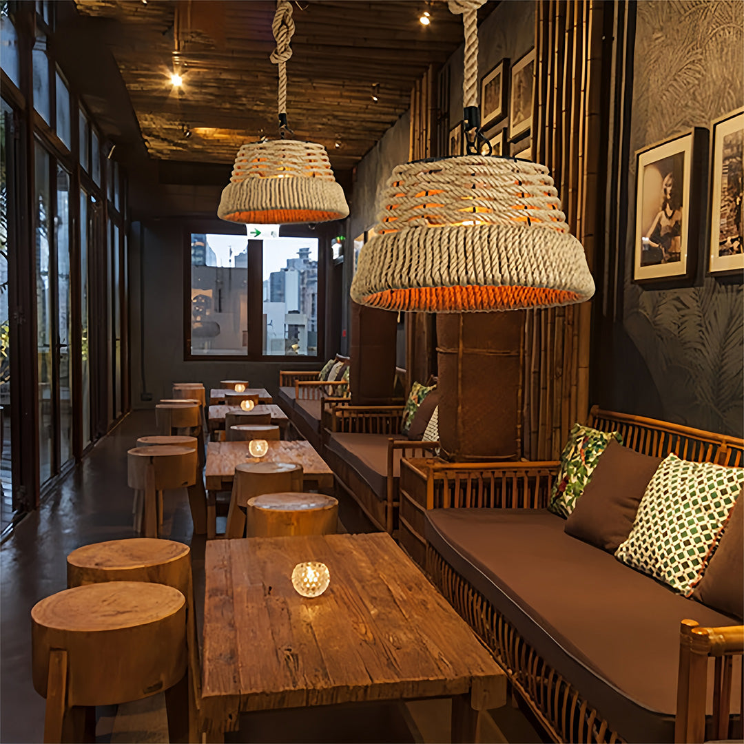 Artisan Hemp Rope Pendant Light with Iron Shade – Vintage Industrial Ceiling Lamp