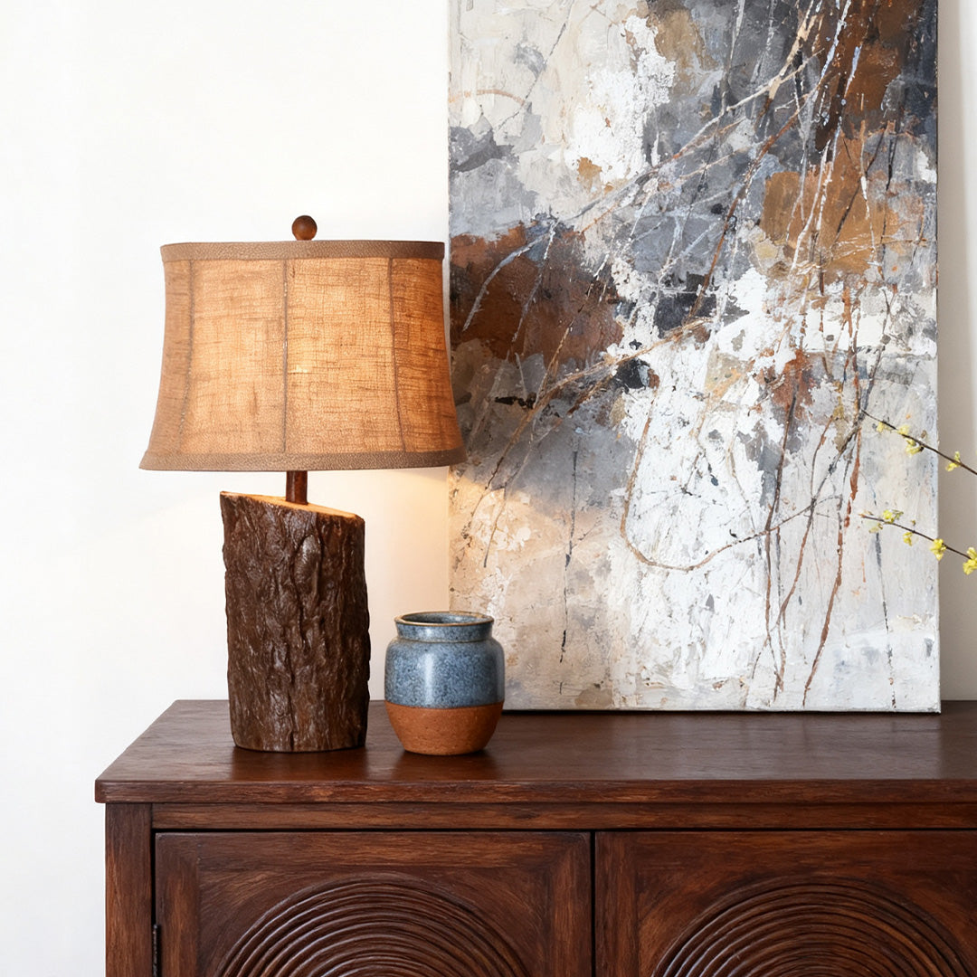 Rustic Bark-Textured Table Lamp with Linen Shade for Cozy Interiors