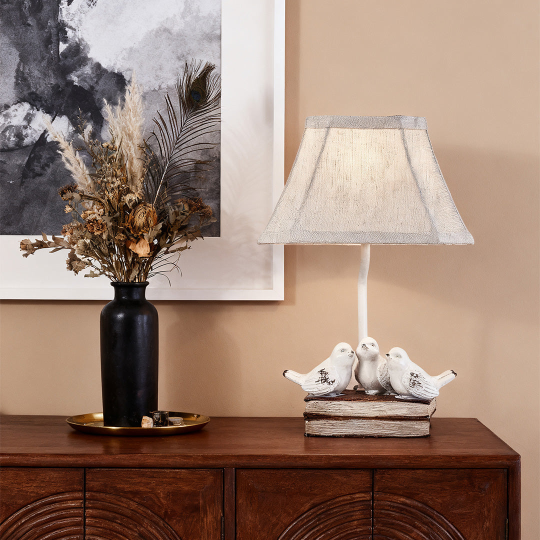 French Perched Bird Table Lamp on Stacked Books, Beige Fabric Shade