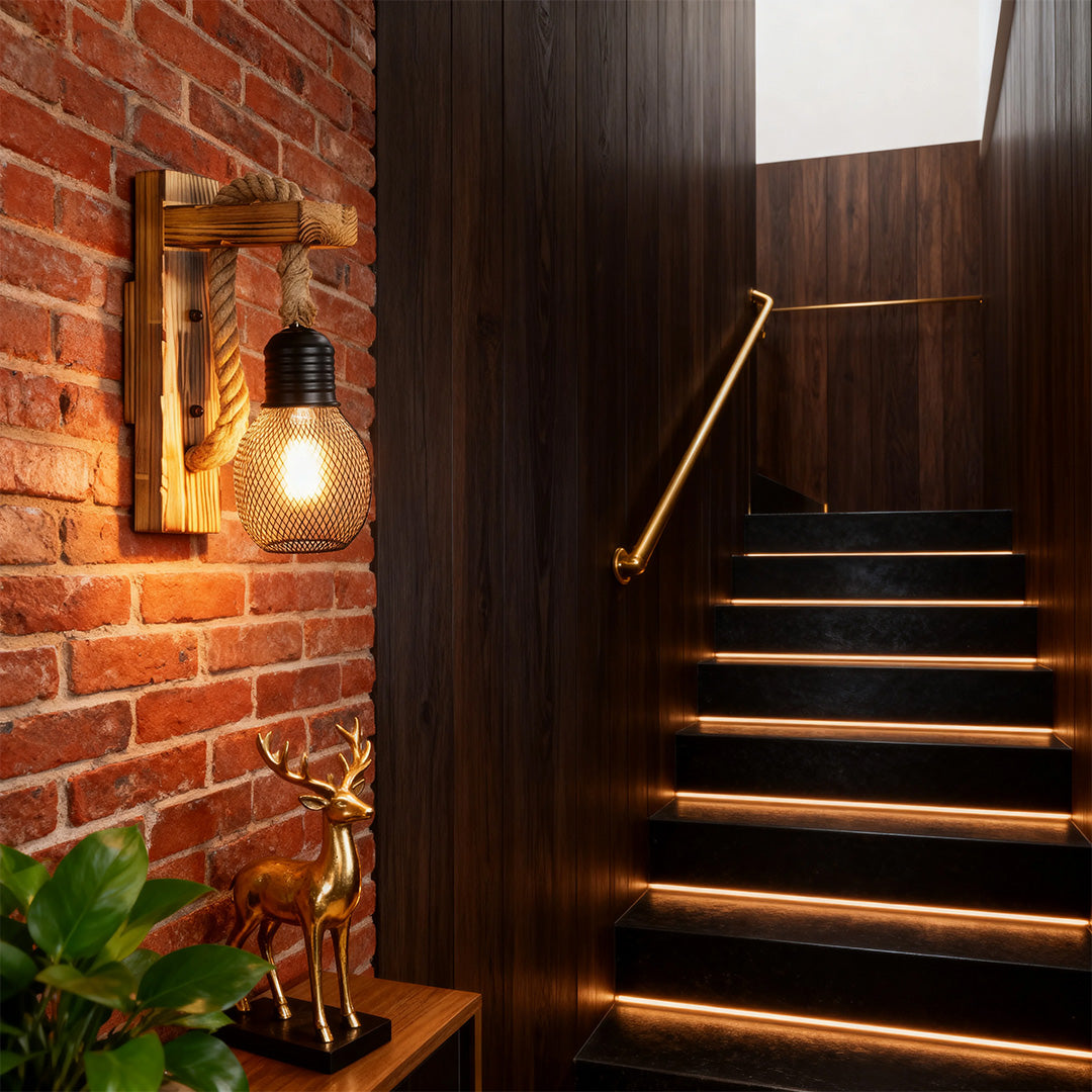 Rustic Iron Wall Sconce with Hemp Rope and Wood Accent