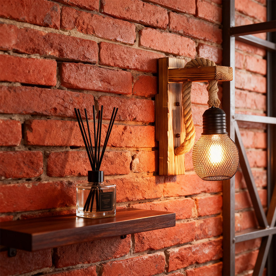 Rustic Iron Wall Sconce with Hemp Rope and Wood Accent