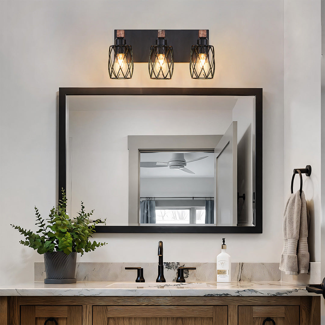 Black Metal Cage Vanity Light with Walnut Accents for Bathroom Mirror