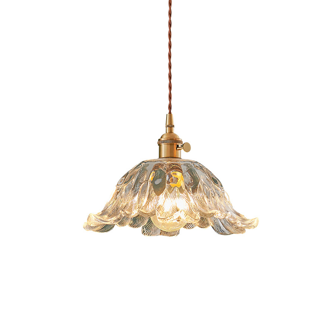 Japanese Floral Glass Pendant Light in Brushed Brass