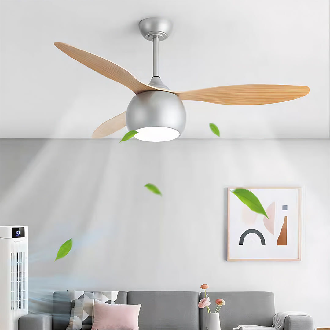 Silver LED Ceiling Fan with Wood Grain Blades for Modern Interiors