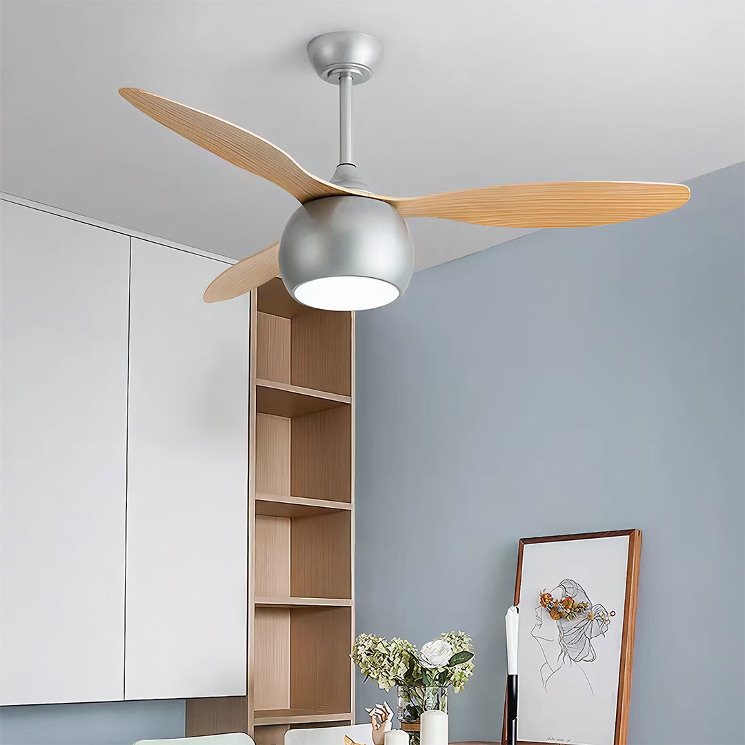 Silver LED Ceiling Fan with Wood Grain Blades for Modern Interiors