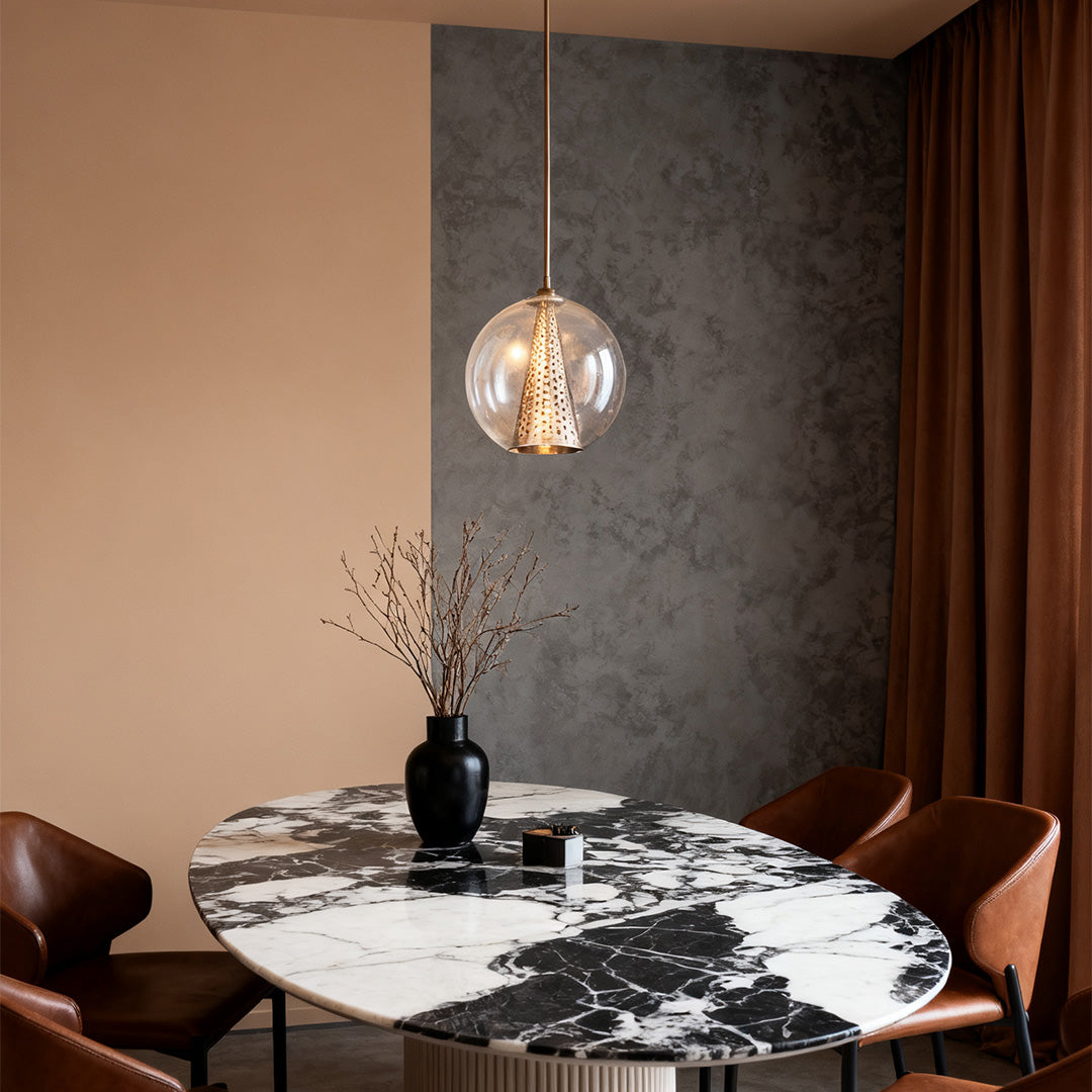 Brass Glass Ball Pendant Light with Perforated Metal Cone