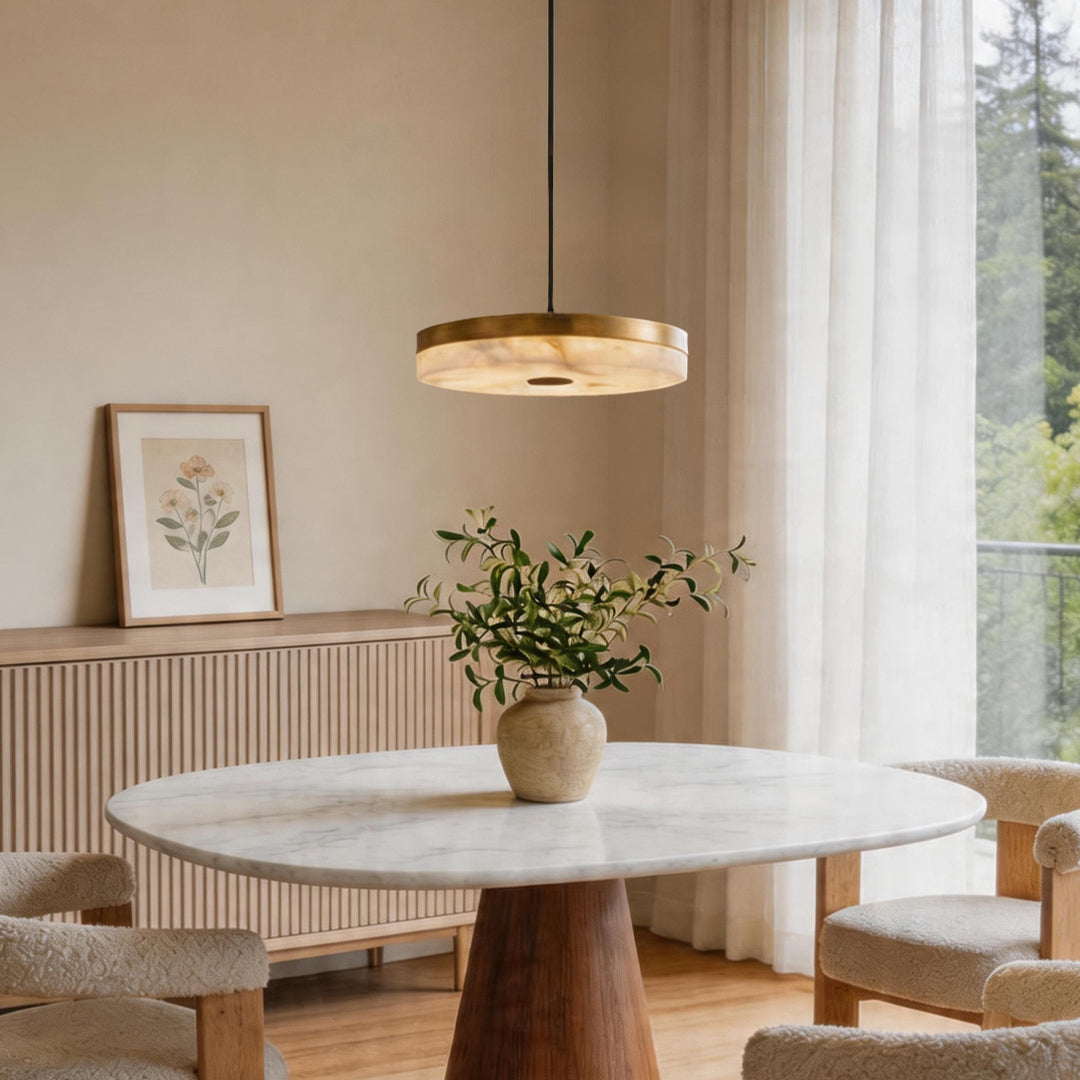 Marble Disc Pendant Light – Modern Luxury Ceiling Lamp with Brass Accents