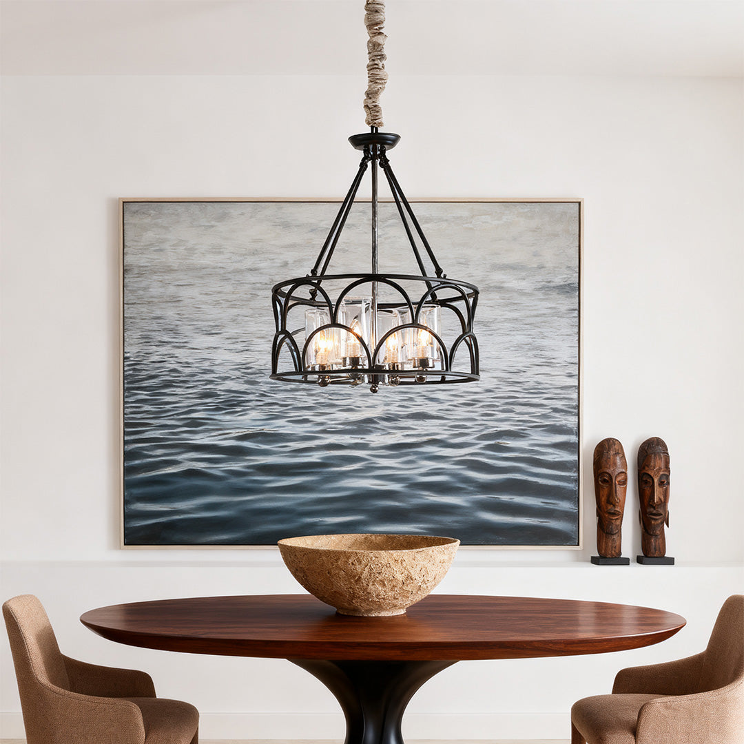 American Vintage Black Metal and Glass Chandelier with Adjustable Chain