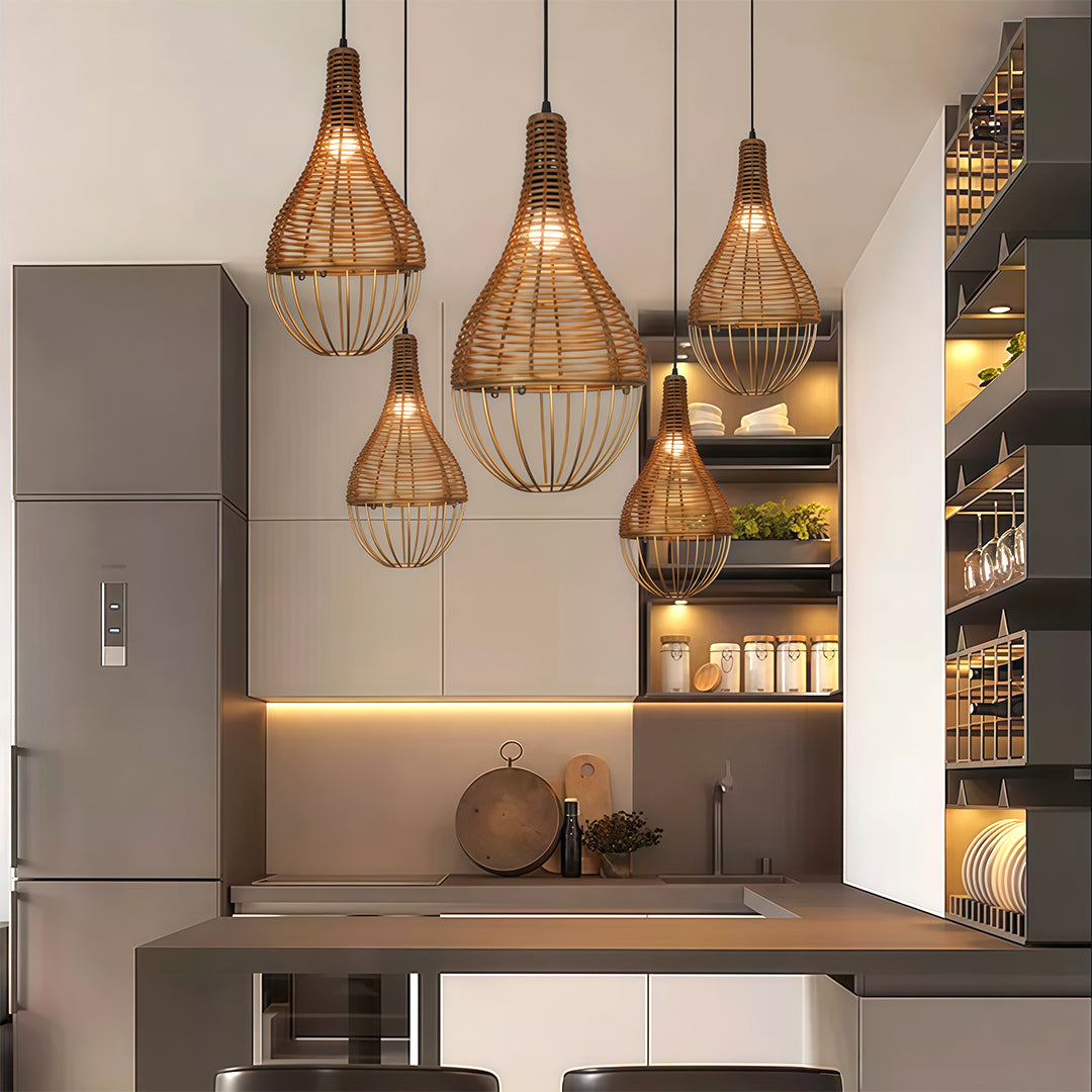 Handwoven Rattan Pendant Light with Industrial Iron Frame