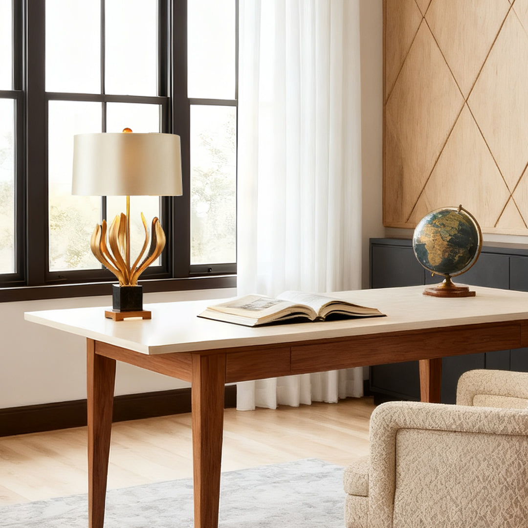Vintage Gold Metal Table Lamp with Champagne Fabric Shade for Bedroom