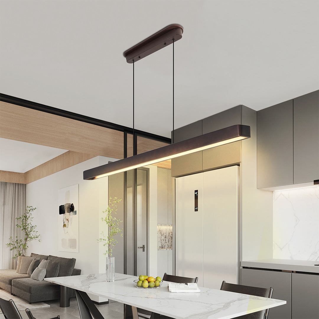 Linear Pendant Light with Walnut Wood Accents, Japanese Minimalist Island Lighting