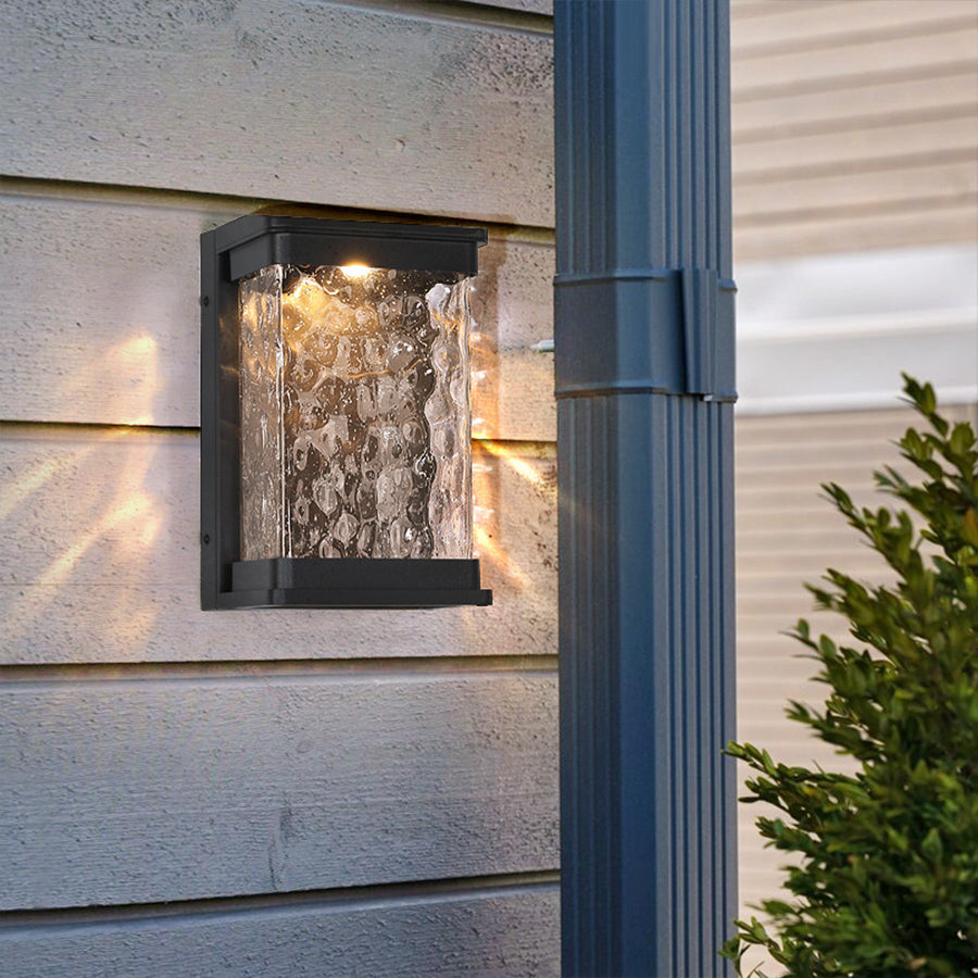 Modern Rectangular Outdoor Wall Sconce in Black Aluminum with Water-Drop Glass