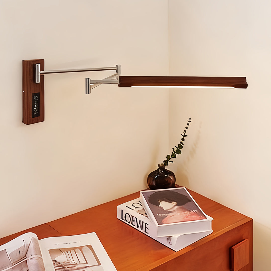 Swing Arm Wall Sconce in Silver Iron with Walnut Accents, Mid-Century Modern LED Reading Lamp