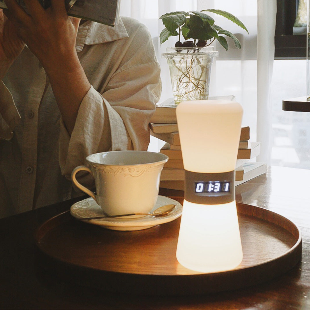 White Hourglass Table Lamp with Gravity Sensor and Warm LED Glow