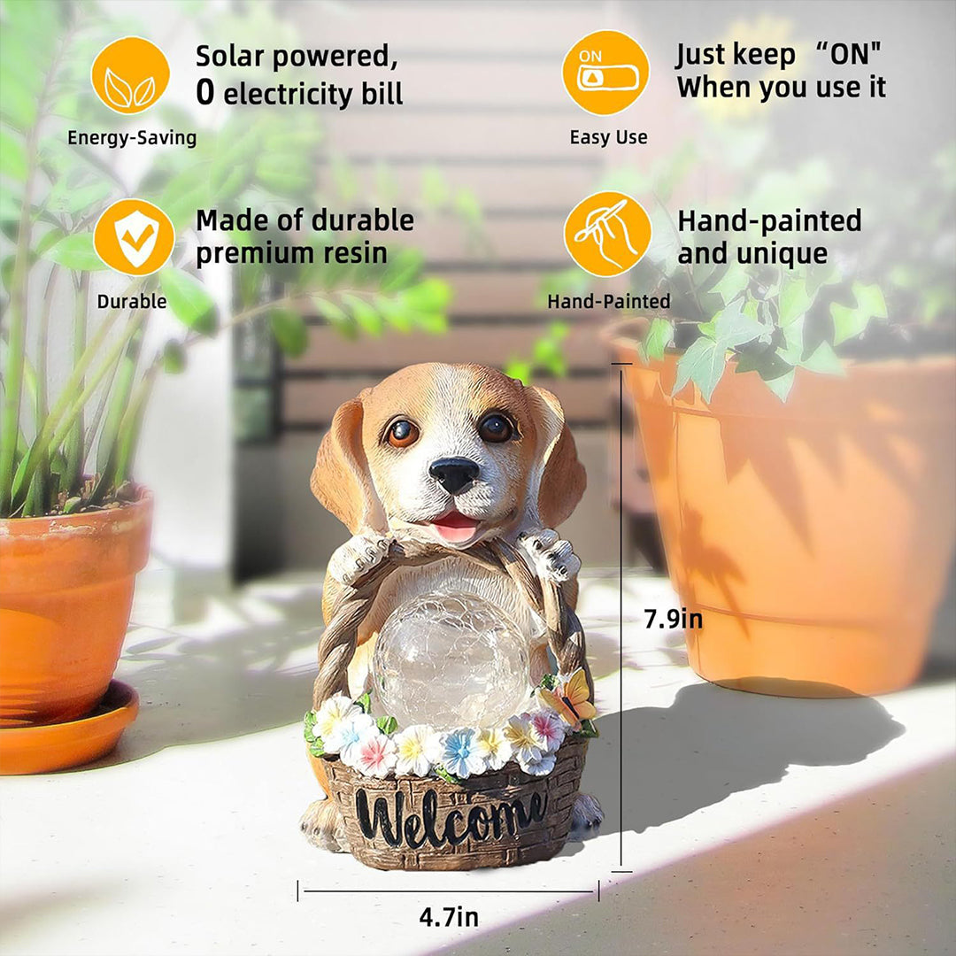 Solar-Powered Resin Puppy Garden Light with Flower Basket