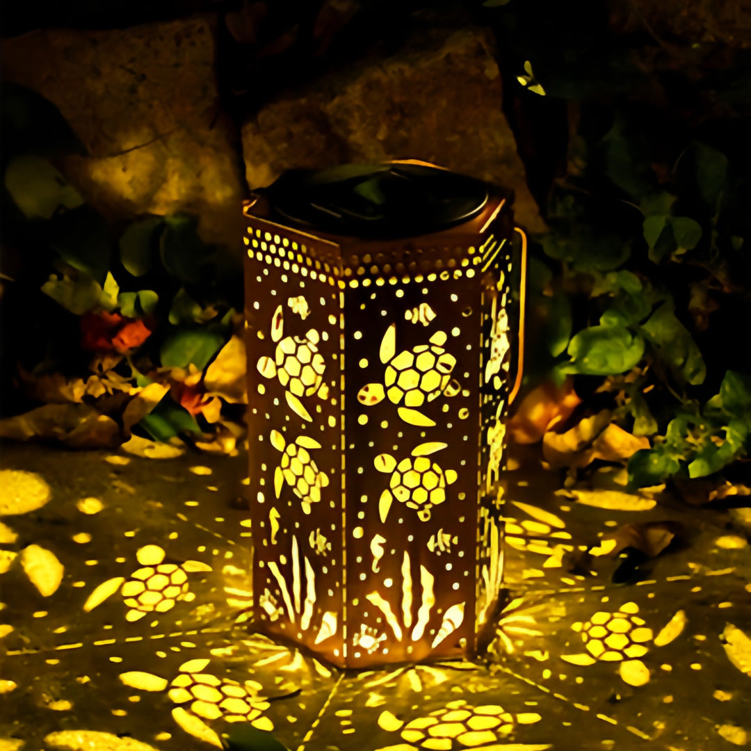 Solar-Powered Wrought Iron Outdoor Lantern with Nature Motifs